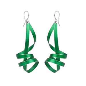 Green long ribbon drop earrings