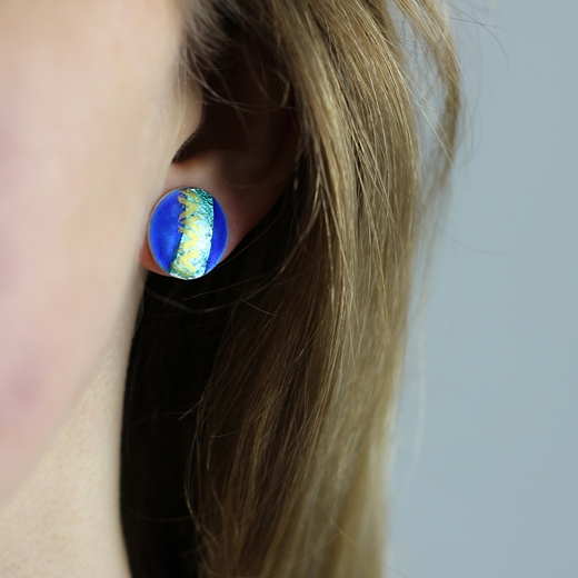 Round Earrings Textile Green/Blue - worn