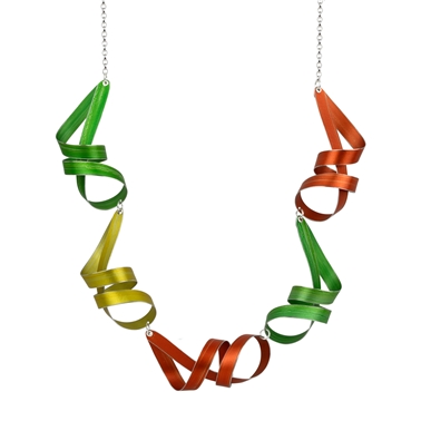 Lime, yellow and orange five long ribbon necklace