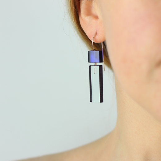 Long Construction earrings blue and aqua worn