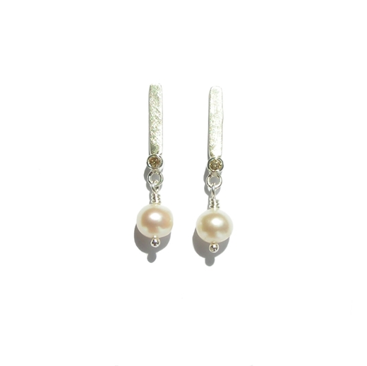 Single rutile drop earrings set with brown diamonds and pearls