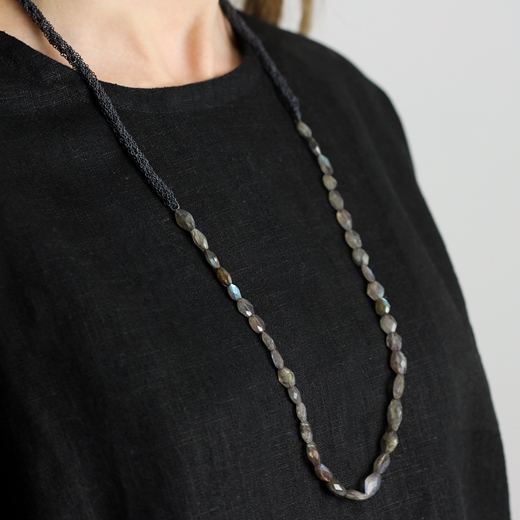 French Knitted Necklace with Labradorite Beads worn