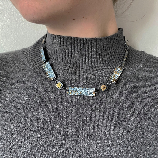 Blue and Gold Enamel Link Necklace worn