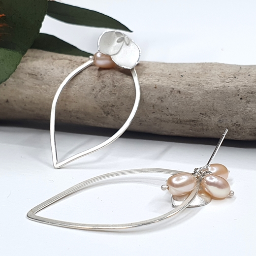 orchid foliage petal loop earrings with peach pearls back