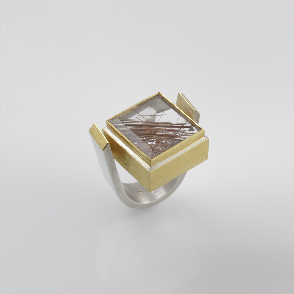 Sterling Silver and 24ct Gold Ring with Rutilated Quartz