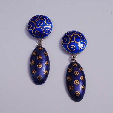 Oval Drop Earrings Blue, purple, scrolls