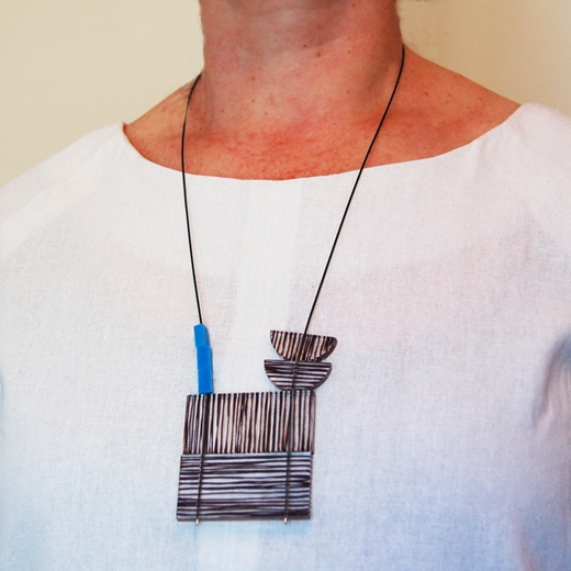 balance necklace square with blue on model
