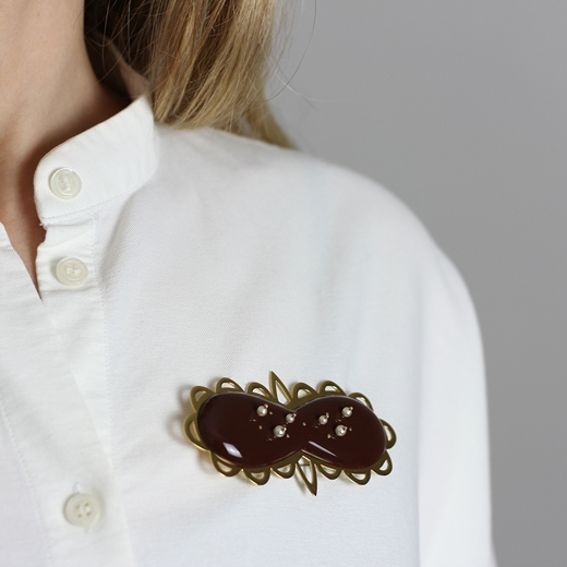 Looped Doily Brooch – dark brown with gold loops - worn
