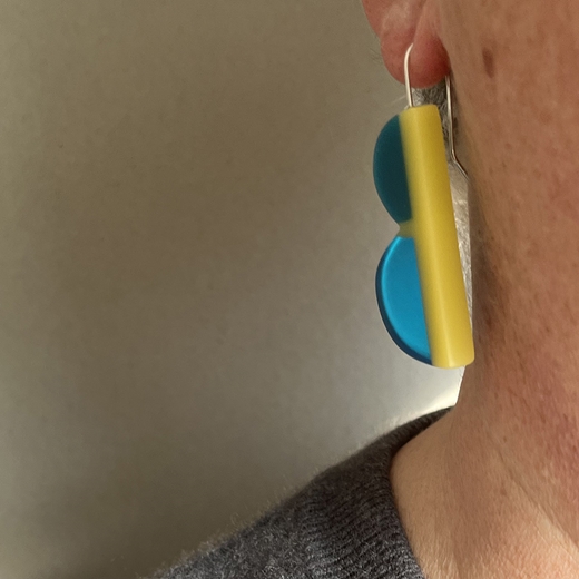 Resin Earrings - yellow/blue worn