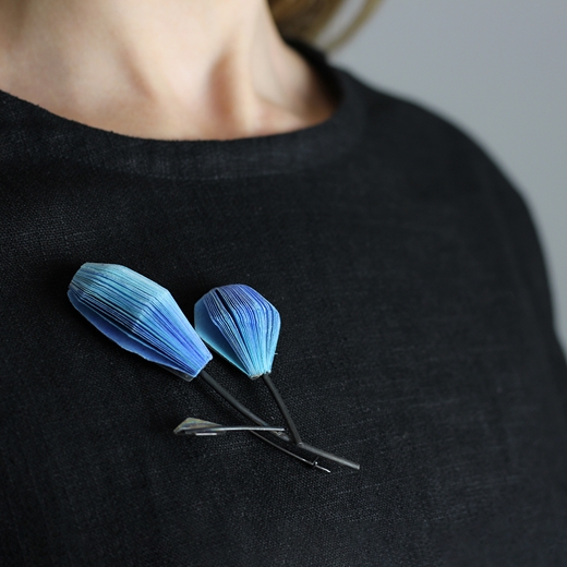 Two blue paper flowers brooch	 - worn