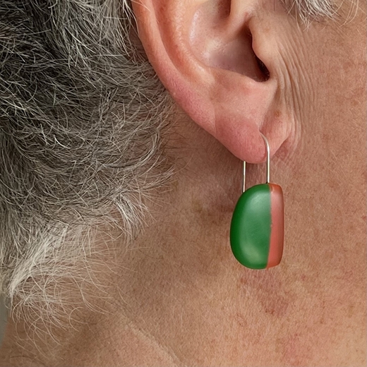 D drop earrings - green/pink - worn