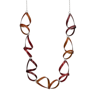 Red, orange and burgundy seven ribbon loop necklace