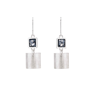 Square Framed Drop Earrings - Blue and Silver