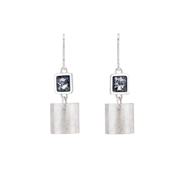 Square Framed Drop Earrings - Blue and Silver
