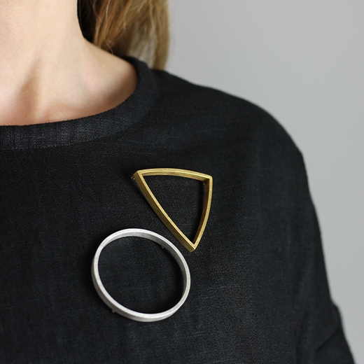 ‘Curved Curves’ Circle & Triangle brooch worn