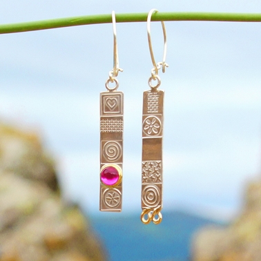 Long asymmetrical earrings, pink corundum 1