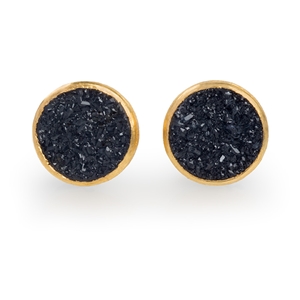 Silver, 24ct Gold Earrings with Black Round Small Druzy Agate