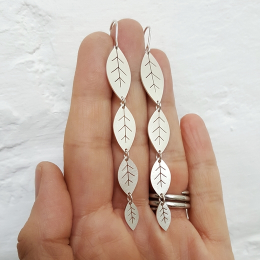 long silver leafy earrings