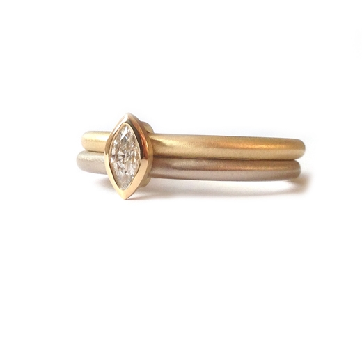 Modern 18k white and yellow gold two band engagement and wedding ring