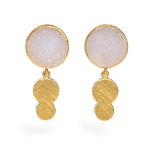 24ct Gold and Silver Earrings with White Round Druzy Agate