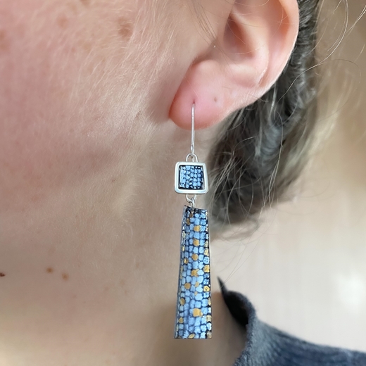 Blue and Gold Square Framed Rectangle Drop Earrings
