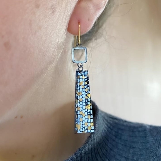 Gold Plated Blue and Gold Square Wire Rectangle Drop Earrings