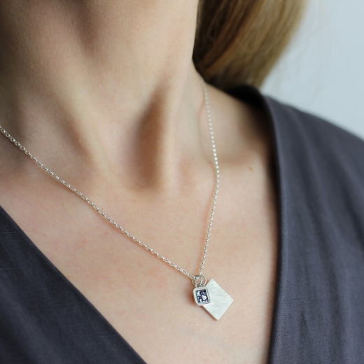 Square Charm Enamel Necklace - Blue and Silver worn
