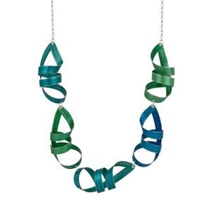 Green, turquoise blue and jade five long ribbon necklace