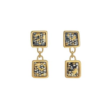 Gold plated blue and gold square framed double drop earrings