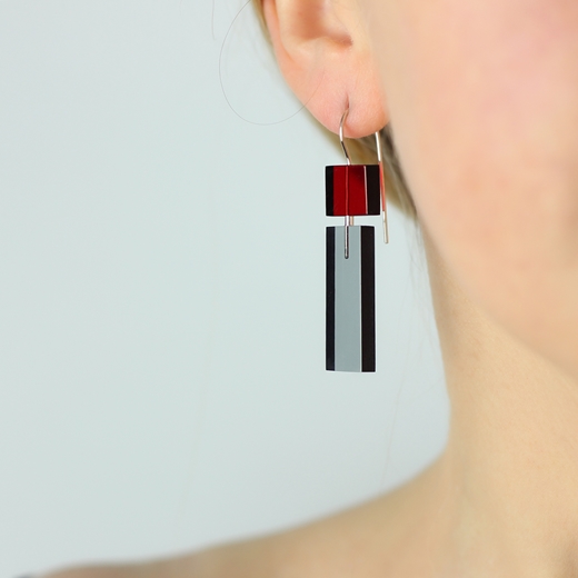 Long Construction earrings red and grey worn