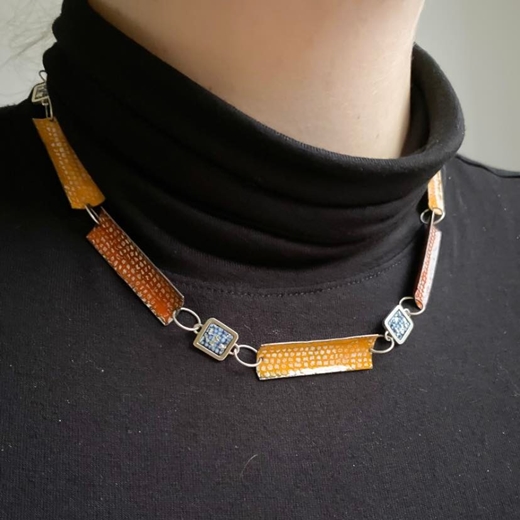 Blue, Silver, Tangerine and Orange Framed Enamel Link Necklace