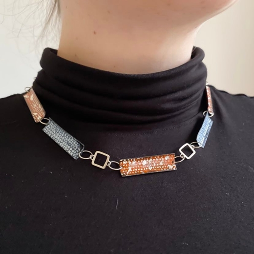 Square Wire Enamel Link Necklace - Tangerine, Silver and Blue