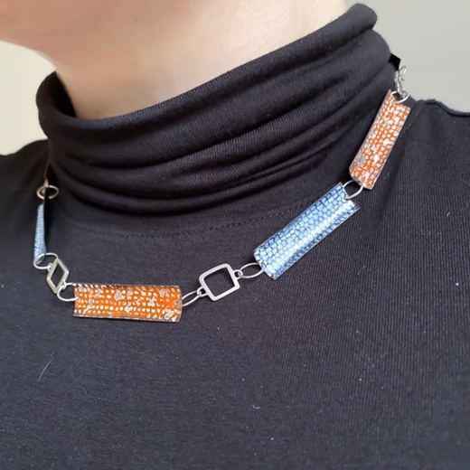Square Wire Enamel Link Necklace - Tangerine, Silver and Blue