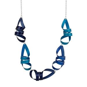 Turquoise blue, royal blue and indigo five long ribbon necklace