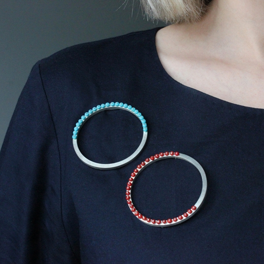 Hoop Brooches worn - Turquoise & Red