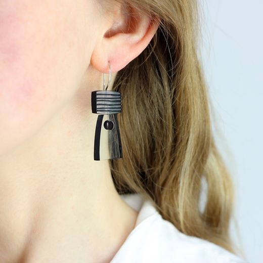 Long Stack earrings grey and aqua worn