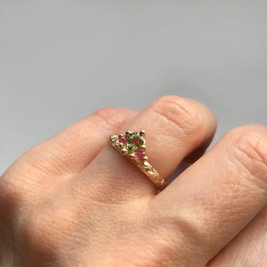 Green and Pink Crown Ring - worn