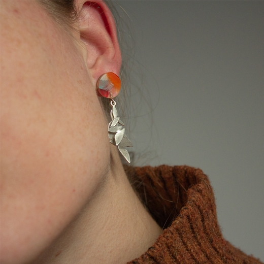 Abstract Resin and Silver Foliage Earrings worn