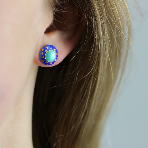 Small Round Earrings Blue Green worn