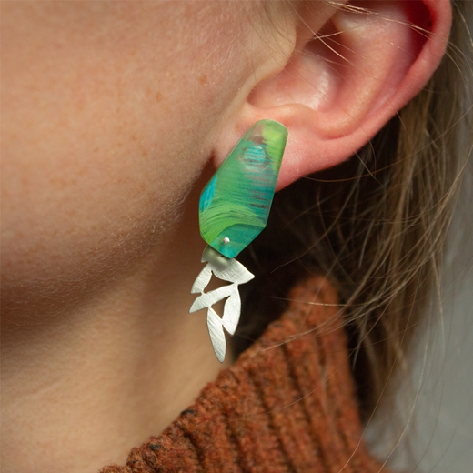 Green Earrings with Silver Foliage worn
