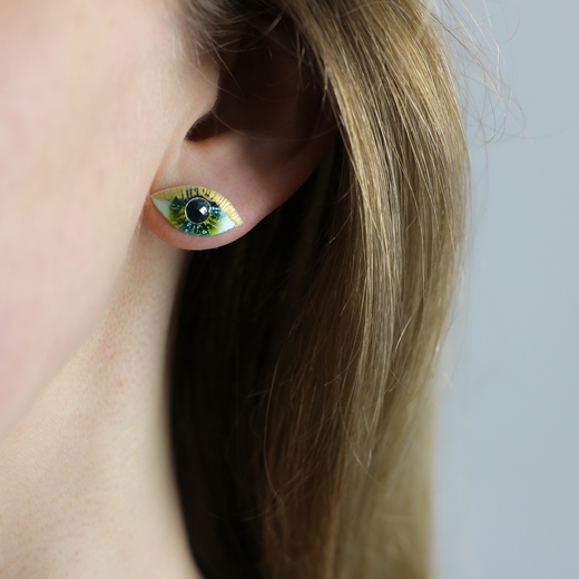 Small Eye Stud Earring Green - worn