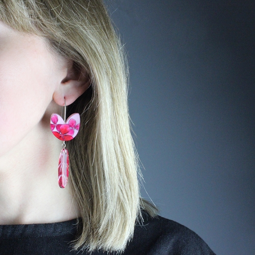 Pink & Cranberry, Tulip Drop earrings - worn