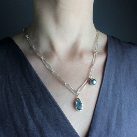 Silver Link Necklace with Aquamarine - worn