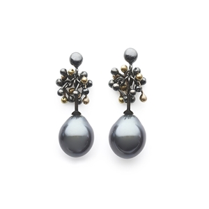 Black Silver and Gold Droplet Pearl Earrings