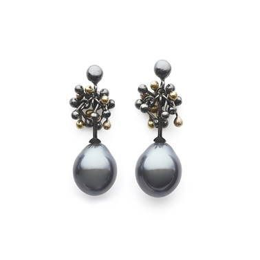 Black Silver and Gold Droplet Pearl Earrings