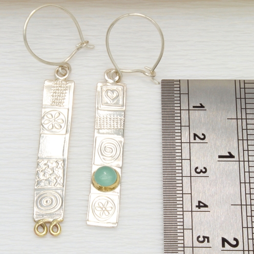 Asymmetrical earrings, aqua chalcedony, ruler, 6