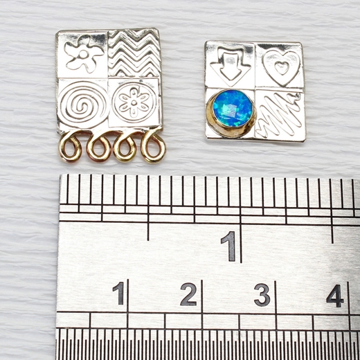Asymmetrical square ear stud, blue opal, L, ruler, no.5