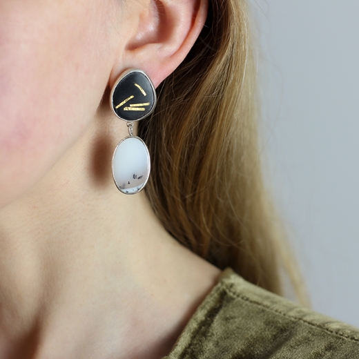 Petri, enamel and Dendritic opal earrings - worn