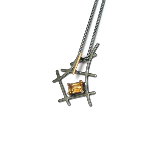 Black and gold small rutile formation pendant - emerald cut citrine - side view