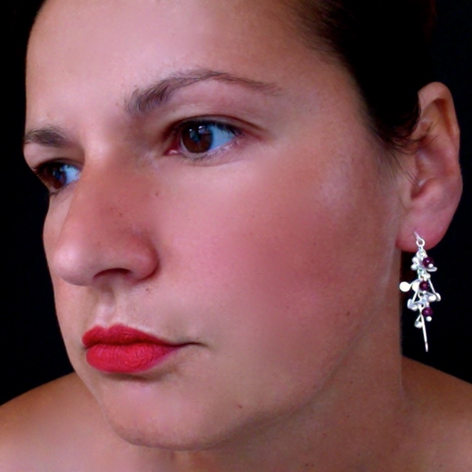 Blossom wire stud earrings with garnet, satin by Fiona DeMarco